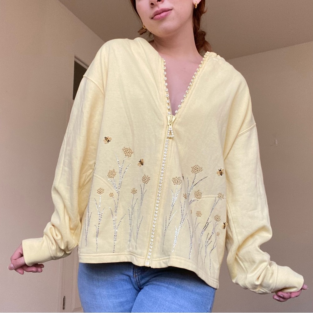Tia Yellow Crystal Flowers Embellished Zip Up Jacket/ sweatshirt SZ L